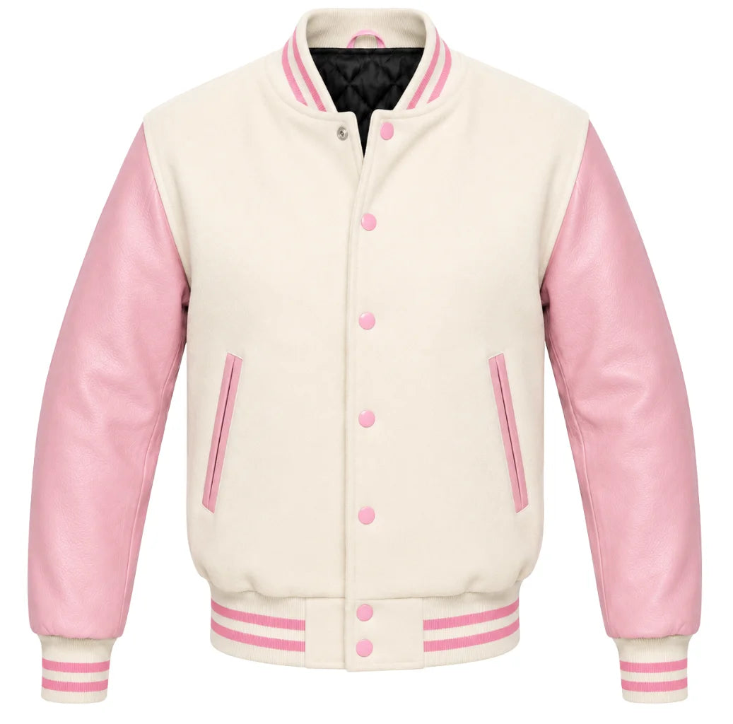 Cream melton wool letterman jacket with pink leather sleeves, front view