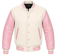 Cream melton wool letterman jacket with pink leather sleeves, front view