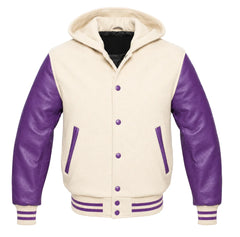 Cream and Purple Letterman Jacket with Hood