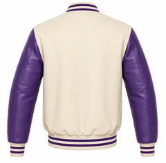 Cream wool varsity jacket with purple cowhide sleeves, back view