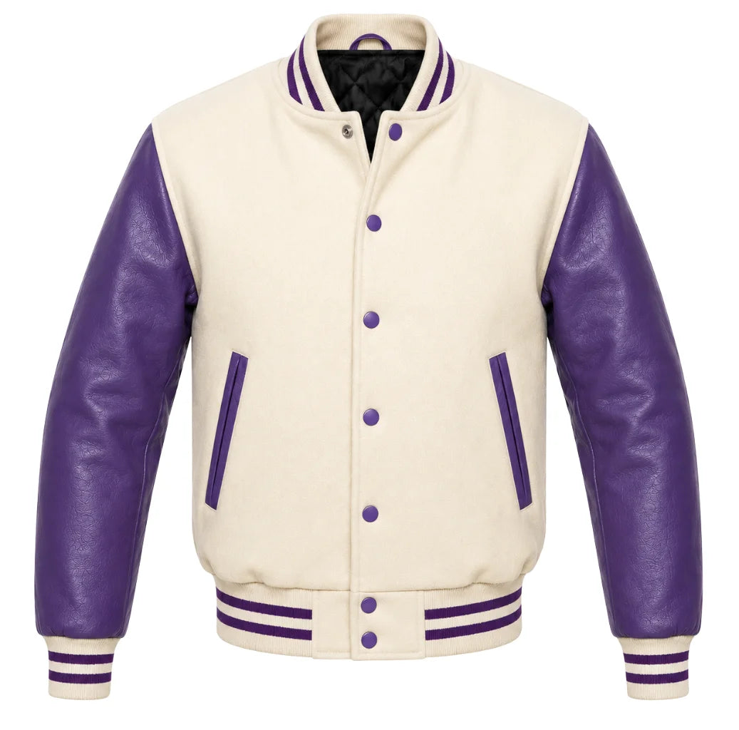 Cream melton wool varsity jacket with purple leather sleeves, front view