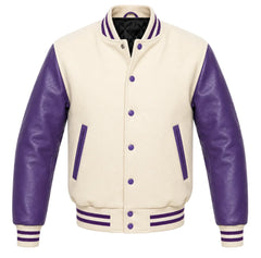Cream melton wool varsity jacket with purple leather sleeves, front view