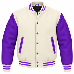 Cream and Purple Wool Letterman Jacket