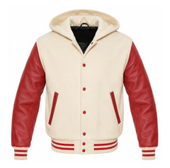 Cream and Red Varsity Jacket with Hood