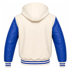 Cream and Royal Blue Letterman Jacket with Hood