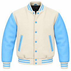 Cream and Sky Blue Wool Varsity Jacket