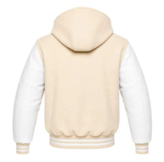 Cream and White Letterman Jacket with Hood