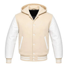 Cream and White Letterman Jacket with Hood