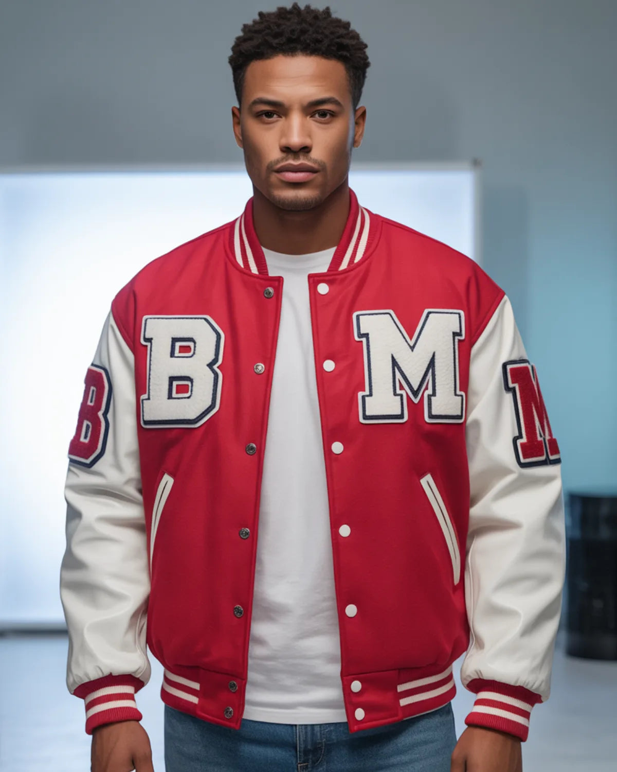 Person wearing a red and white varsity jacket with 'B' and 'M' letters on a neutral background