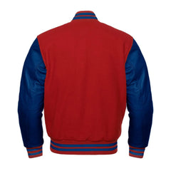 Crimson and Navy Varsity Jacket with Wool Body and Leather Sleeves Back Side