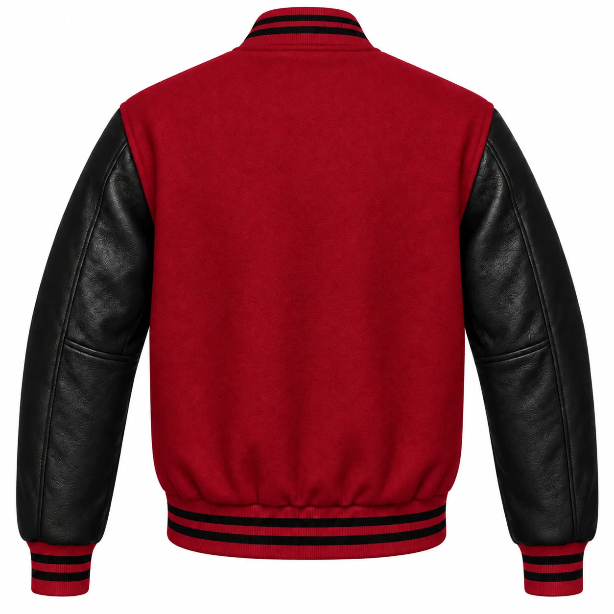 Crimson and Black Varsity Jacket with Wool Body and Leather Sleeves Back View