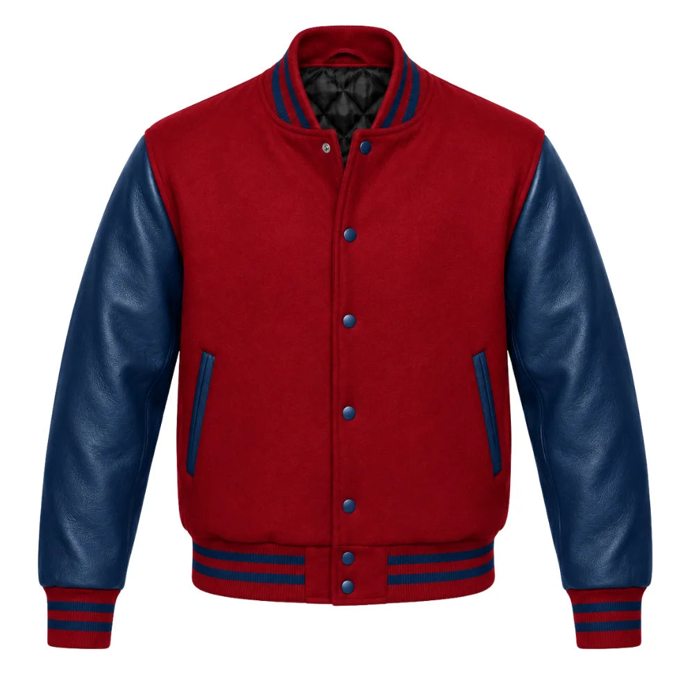 Crimson and Navy Blue Varsity Jacket with Wool Body and Leather Sleeves
