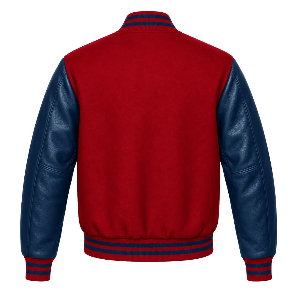 Crimson and Navy Blue Varsity Jacket with Wool Body and Leather Sleeves Back Side