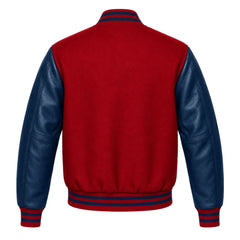 Crimson and Navy Blue Varsity Jacket with Wool Body and Leather Sleeves Back Side