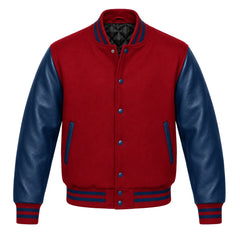 Crimson and Navy Blue Varsity Jacket with Wool Body and Leather Sleeves
