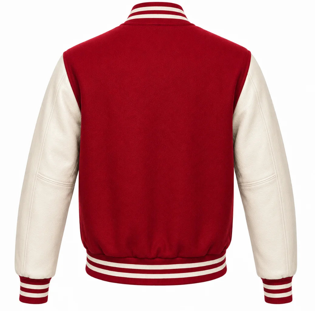 Crimson wool varsity jacket with cream cowhide sleeves, back view
