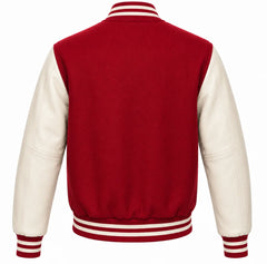 Crimson wool varsity jacket with cream cowhide sleeves, back view