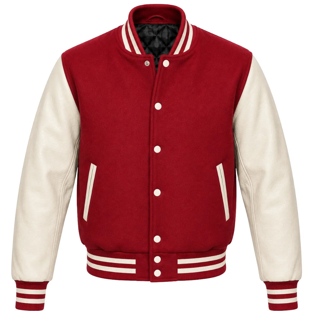 Crimson melton wool varsity jacket with cream leather sleeves, front view