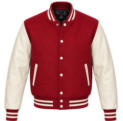 Crimson melton wool varsity jacket with cream leather sleeves, front view