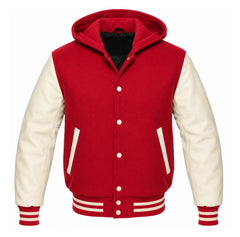 Crimson and Cream Varsity Jacket with Hood