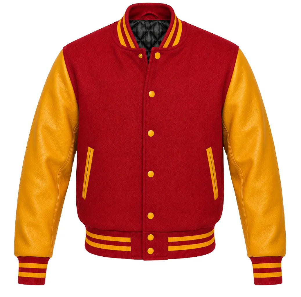 Crimson melton wool varsity jacket with gold leather sleeves, front view
