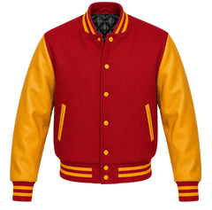 Crimson melton wool varsity jacket with gold leather sleeves, front view