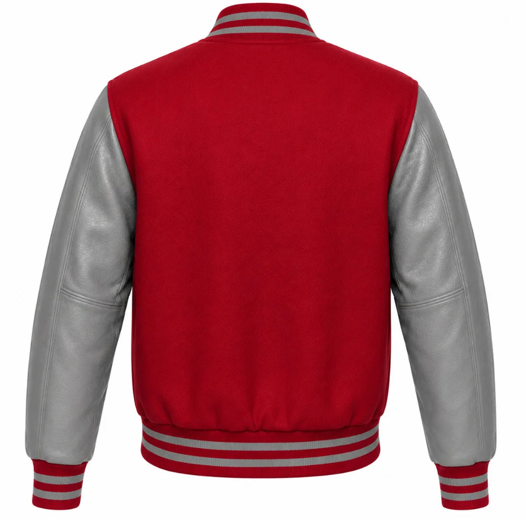 Crimson wool varsity jacket with grey cowhide sleeves, back view