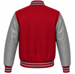 Crimson wool varsity jacket with grey cowhide sleeves, back view