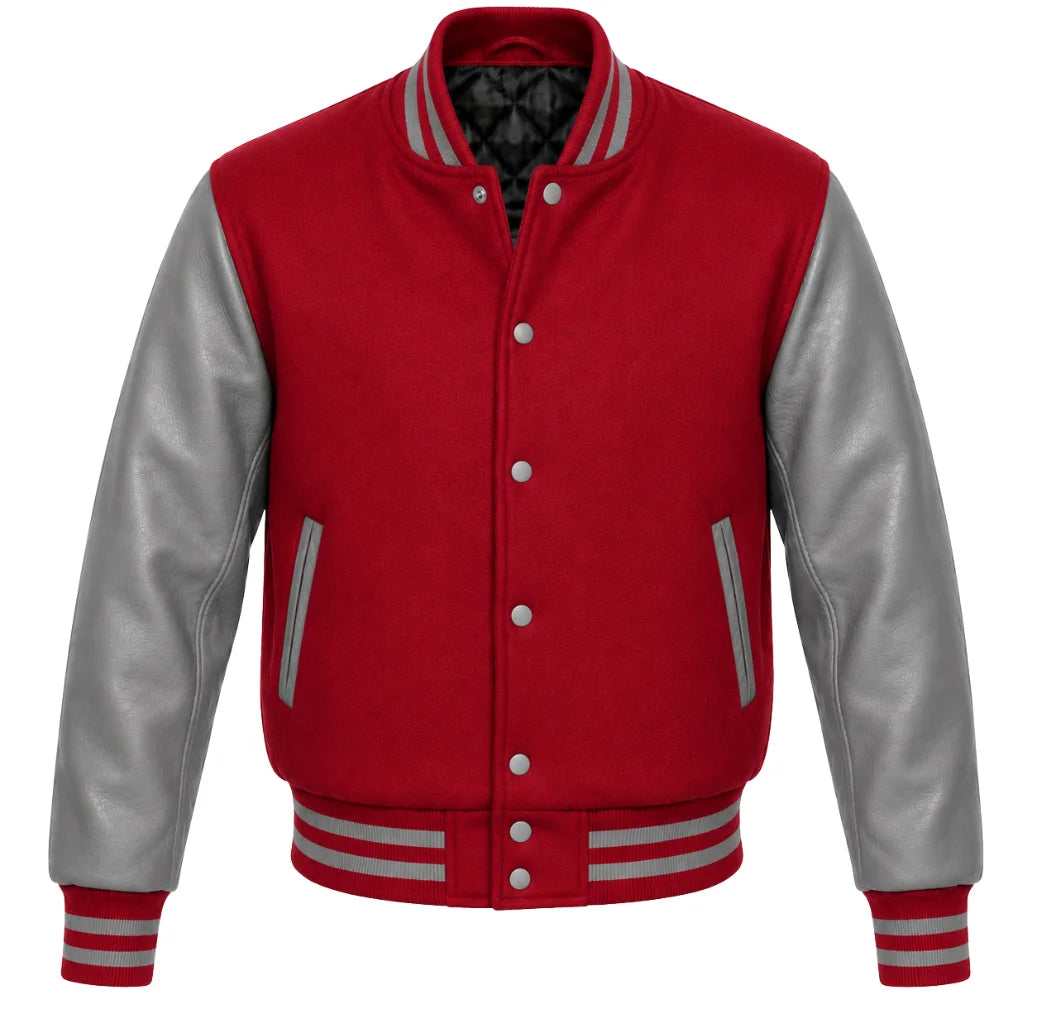 Crimson melton wool varsity jacket with grey leather sleeves, front view