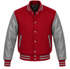 Crimson melton wool varsity jacket with grey leather sleeves, front view