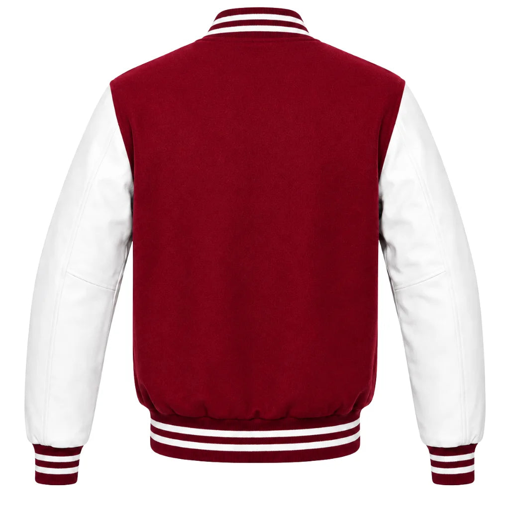 Crimson wool letterman jacket with white cowhide leather sleeves, back view