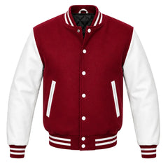 Crimson melton wool letterman jacket with white leather sleeves, front view