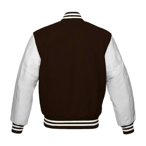 Dark Brown Wool and White Leather Varsity Jacket Back Side
