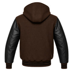 Dark Brown and Black Varsity Jacket with Hood