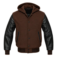Dark Brown and Black Varsity Jacket with Hood