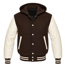 Dark Brown and Cream Hooded Varsity Jacket