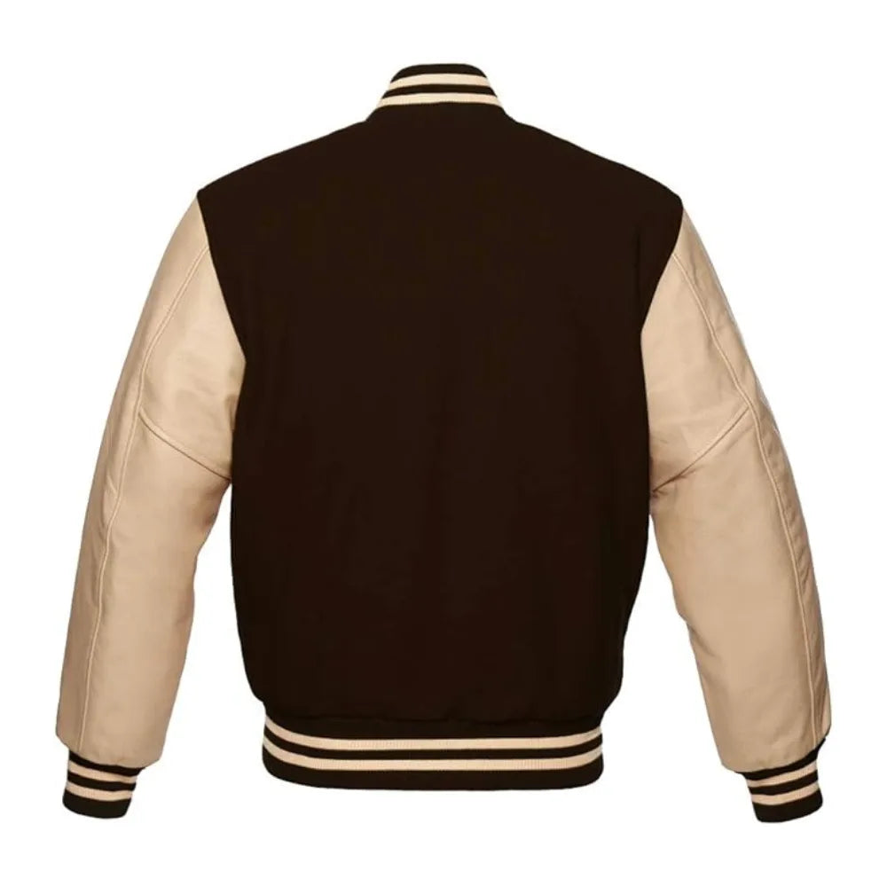 Dark Brown and Cream Varsity Jacket with Wool Body and Leather Sleeves Back Side