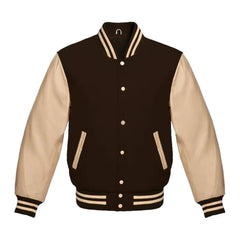 Dark Brown and Cream Varsity Jacket with Wool Body and Leather Sleeves