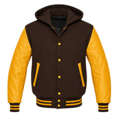Dark Brown and Gold Hooded Varsity Jacket