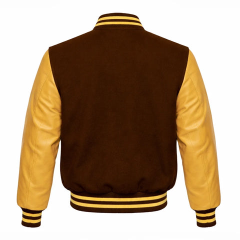 Dark Brown and Gold Varsity Jacket with Wool Body and Leather Sleeves Back Side