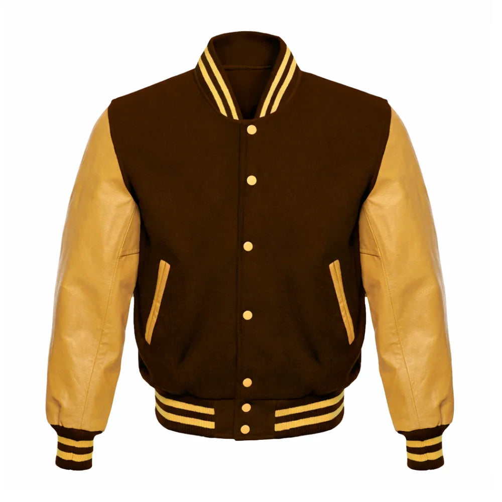 Dark Brown and Gold Varsity Jacket with Wool Body and Leather Sleeves