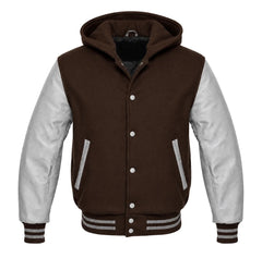 Dark Brown and Grey Hooded Varsity Jacket