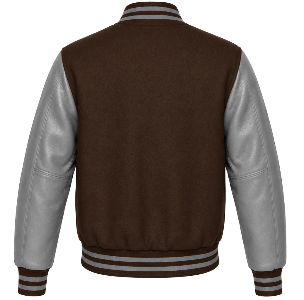 Dark brown wool letterman jacket with grey cowhide sleeves, back view