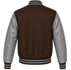 Dark brown wool letterman jacket with grey cowhide sleeves, back view