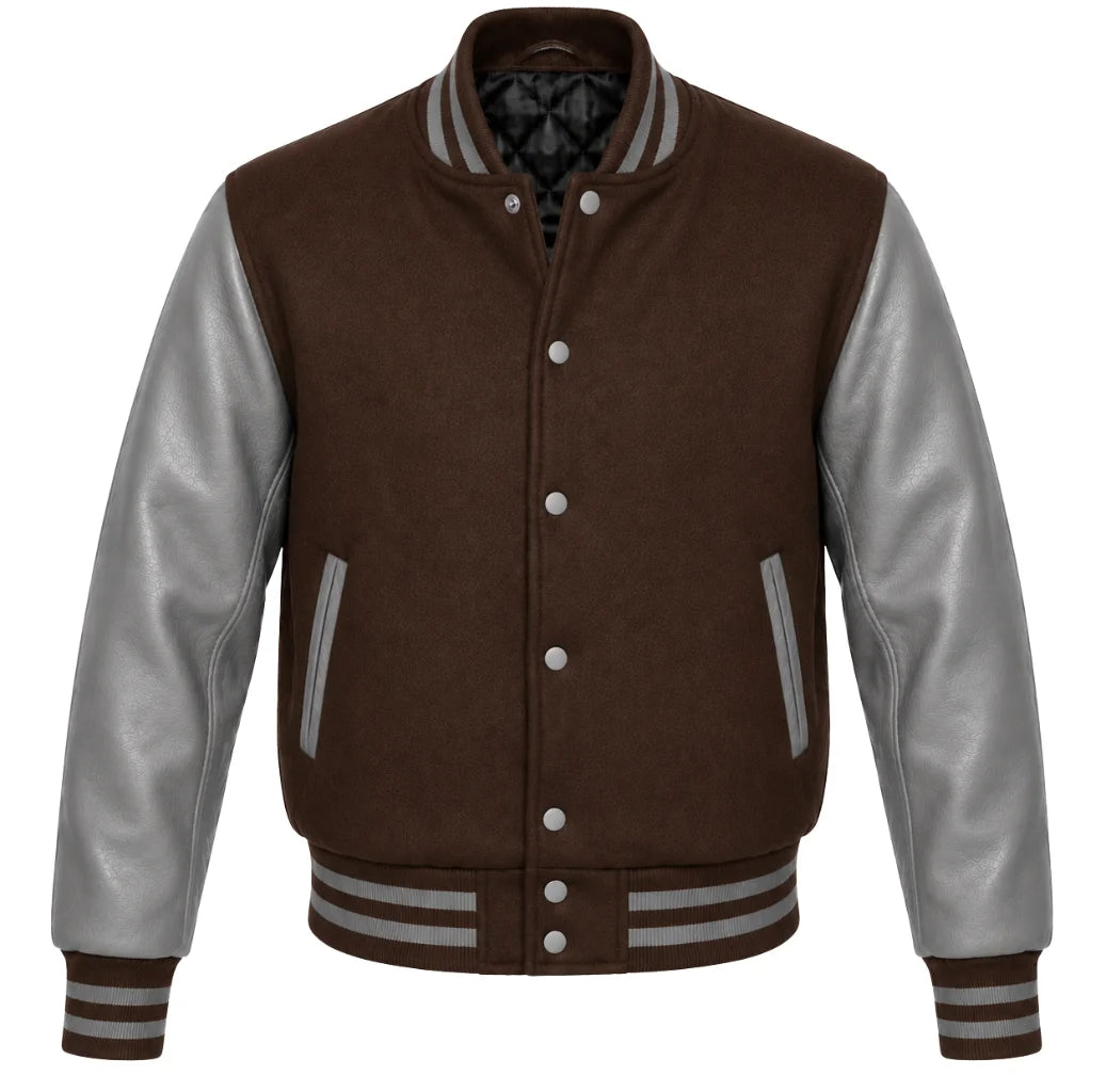 Dark brown melton wool letterman jacket with grey leather sleeves, front view