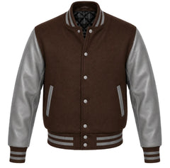 Dark brown melton wool letterman jacket with grey leather sleeves, front view
