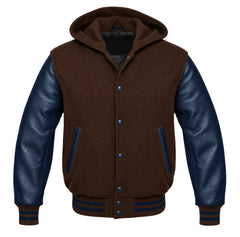 Dark Brown and Navy Blue Hooded Letterman Jacket