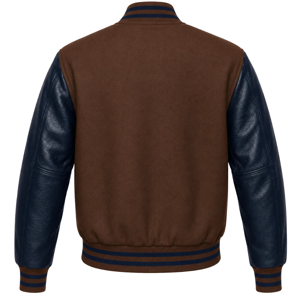 Dark brown wool letterman jacket with navy blue cowhide sleeves, back view