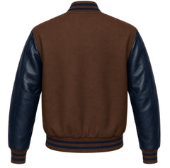 Dark brown wool letterman jacket with navy blue cowhide sleeves, back view