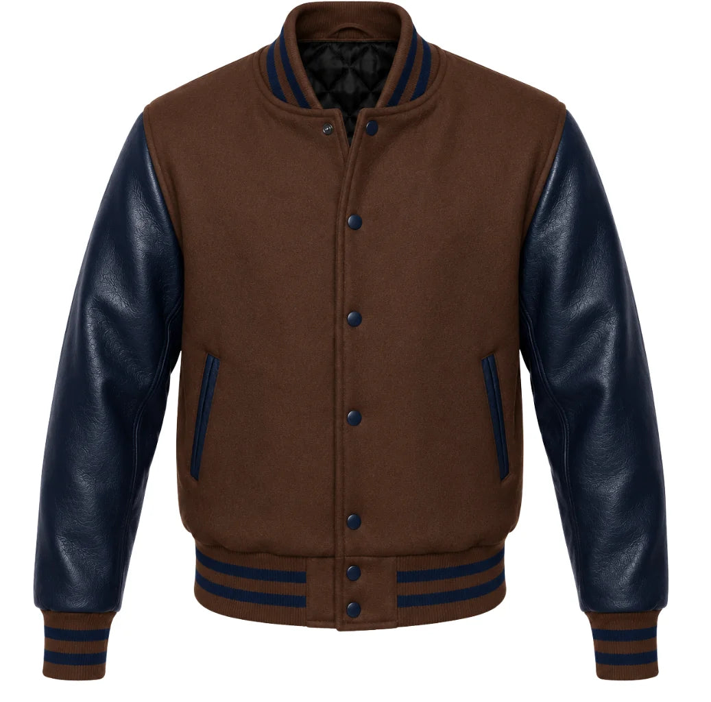 Dark brown melton wool letterman jacket with navy blue leather sleeves, front view
